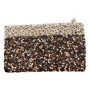 Vintage Textured Beaded Zipper ID Money Wallet Coin Purse Brown white iridescent